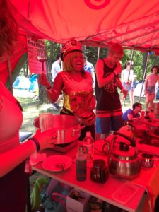 The First Lady of Funk at the Temple of Boom kitchen cooking up a vegan storm.